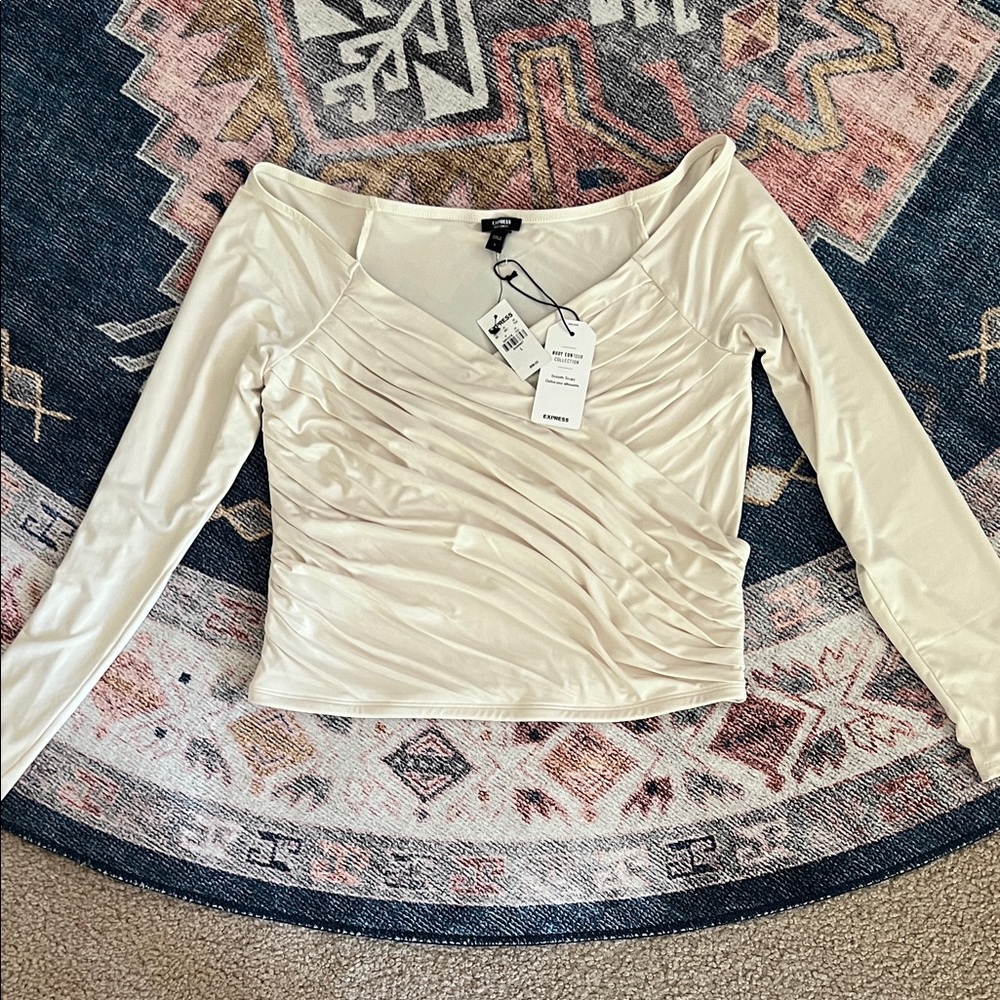 Express Cream Ruched Long Sleeve Blouse